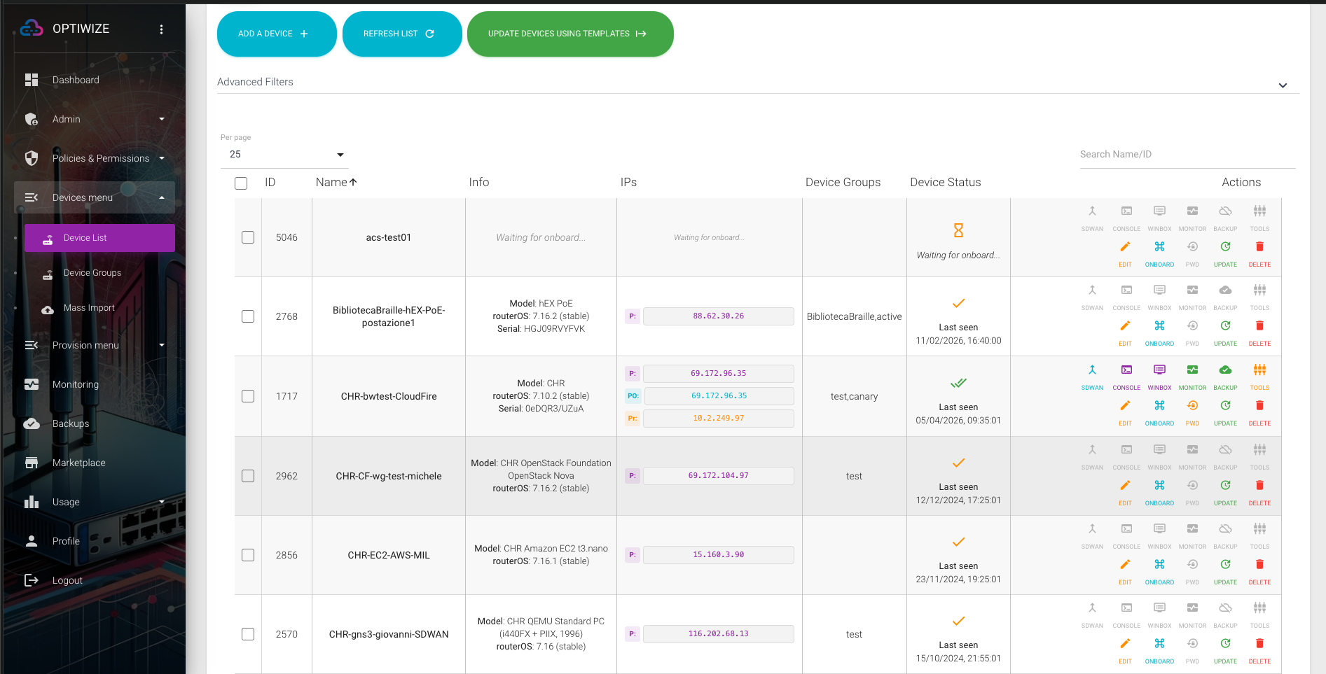 OptiWize Device List — daftar router MikroTik